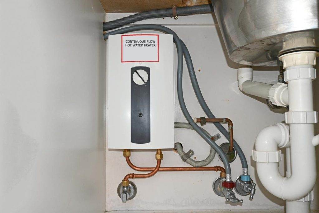 Victor Plumbing installed a water heater in a bathroom.