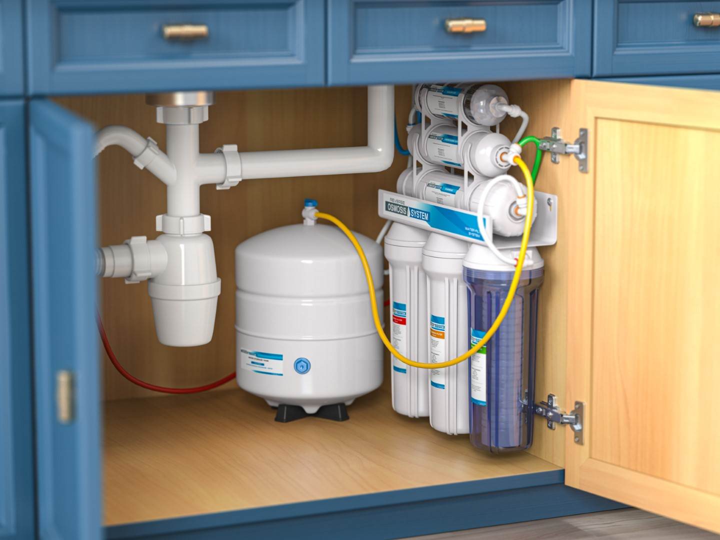 A kitchen cabinet with a water filtration system, installed by Victor Plumbing.